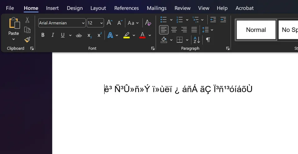 An Armenian document showing random Latin symbols because the Arial Armenian font is missing