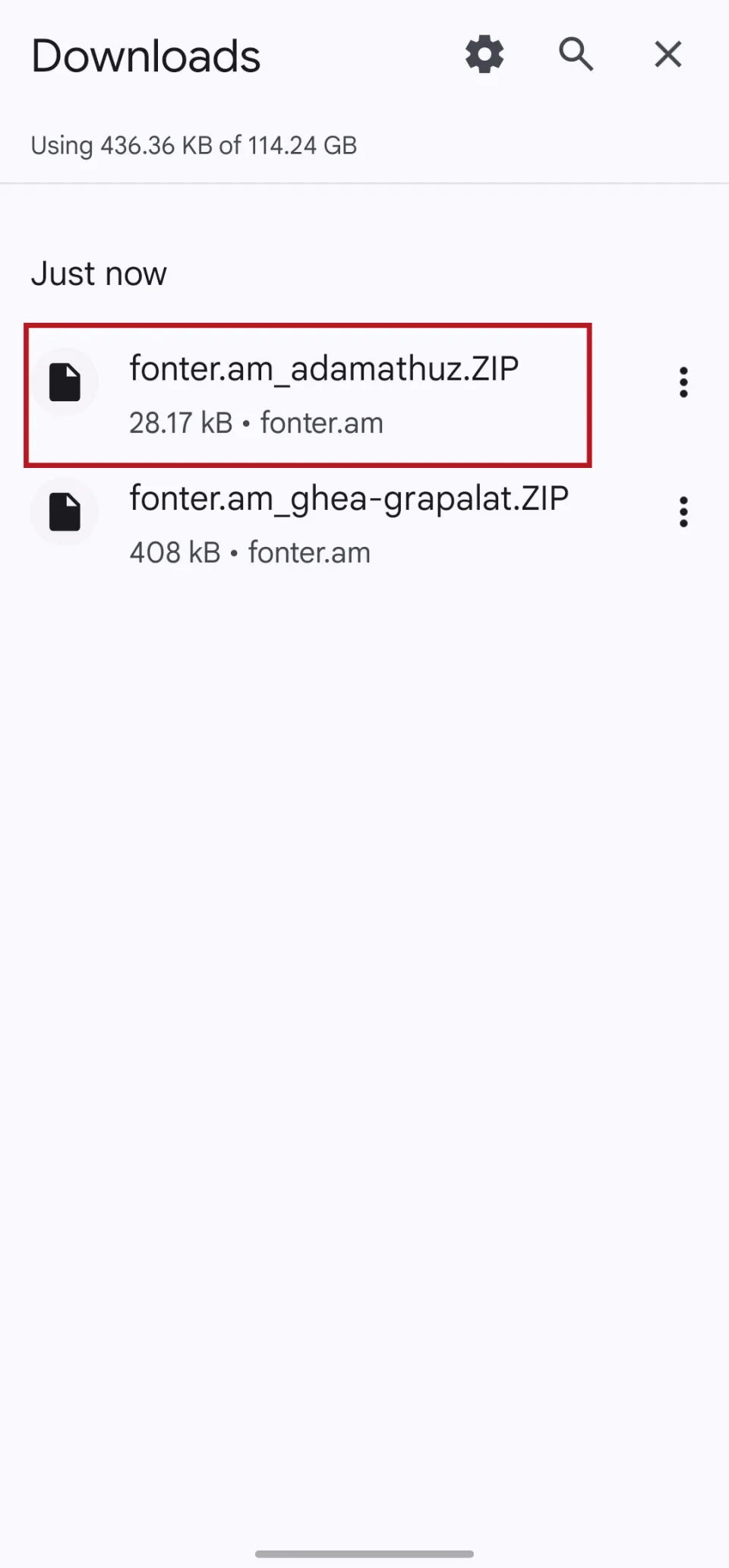 The downloaded font ZIP in the Downloads folder