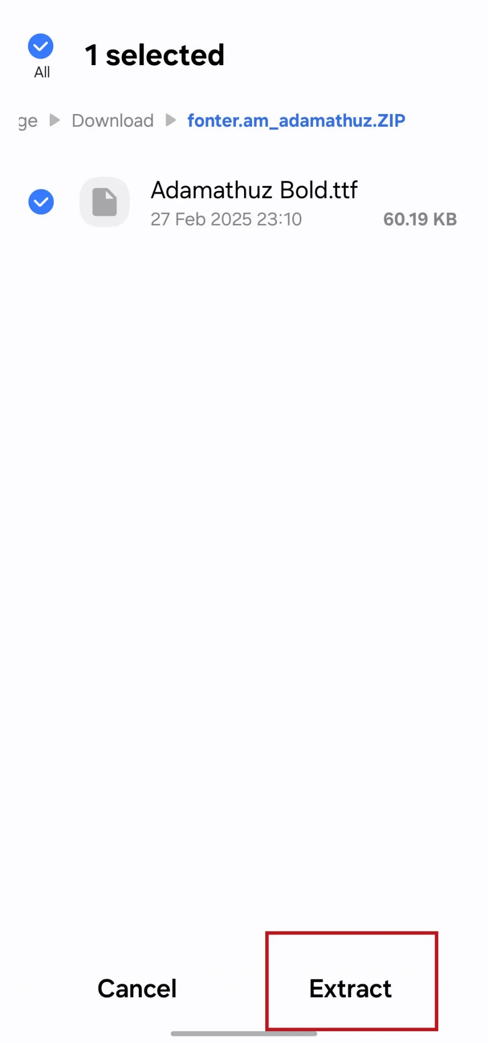 Android offering to extract the font ZIP archive