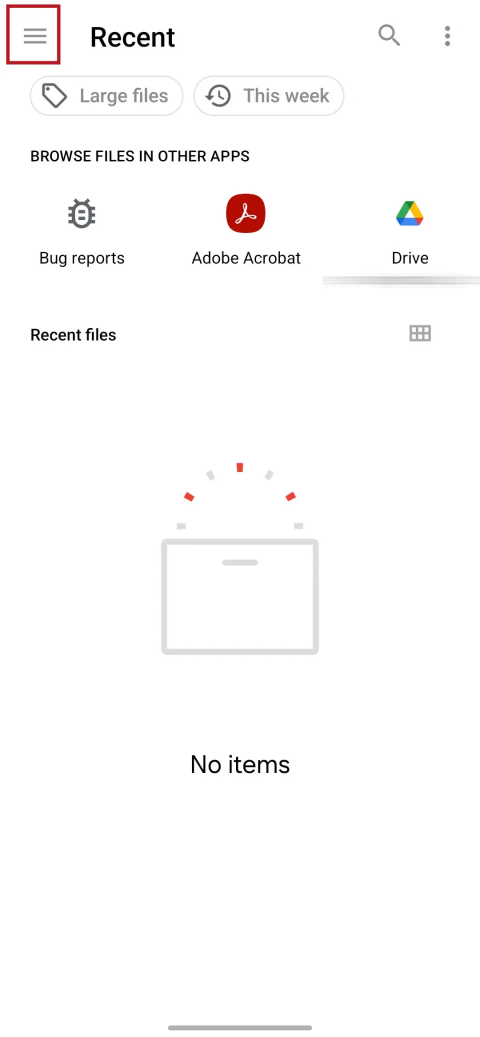 The Android file picker opened by CapCut, with the sidebar button