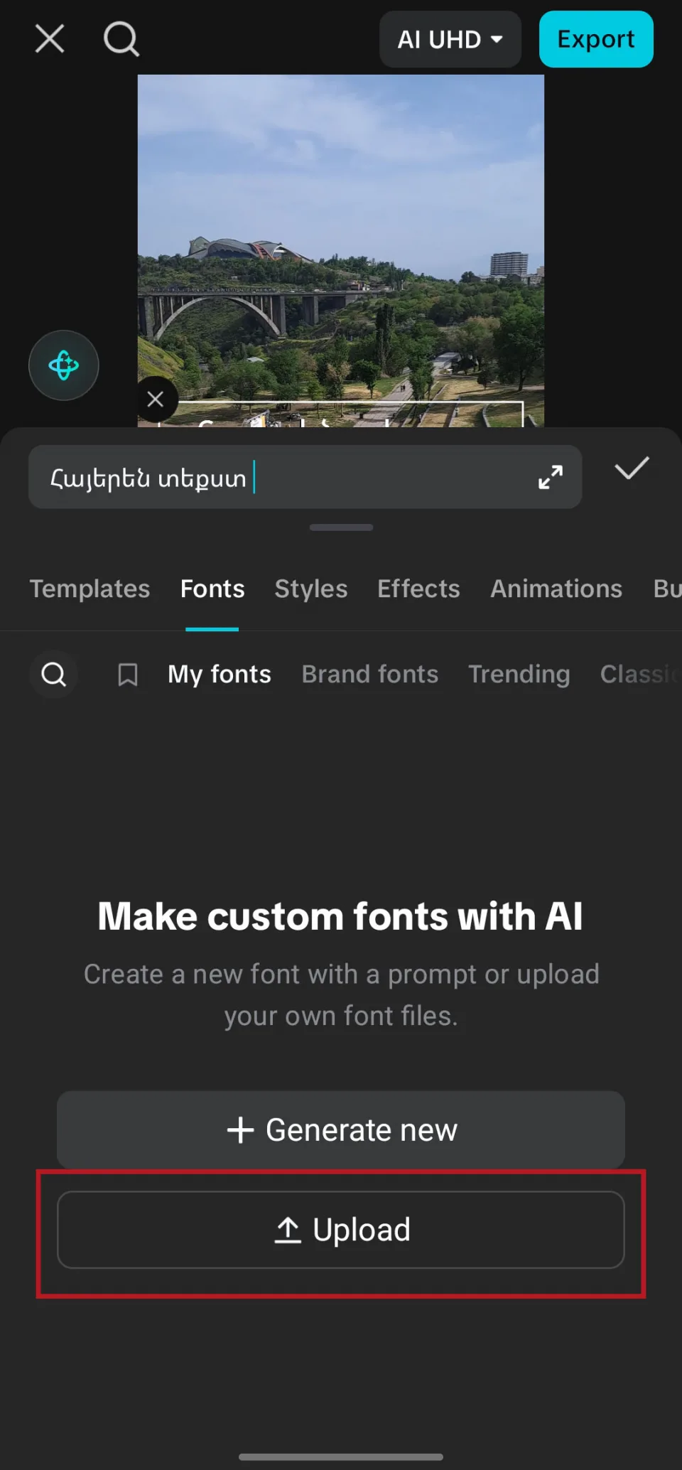 The My fonts panel in CapCut pulled up, showing the Upload button