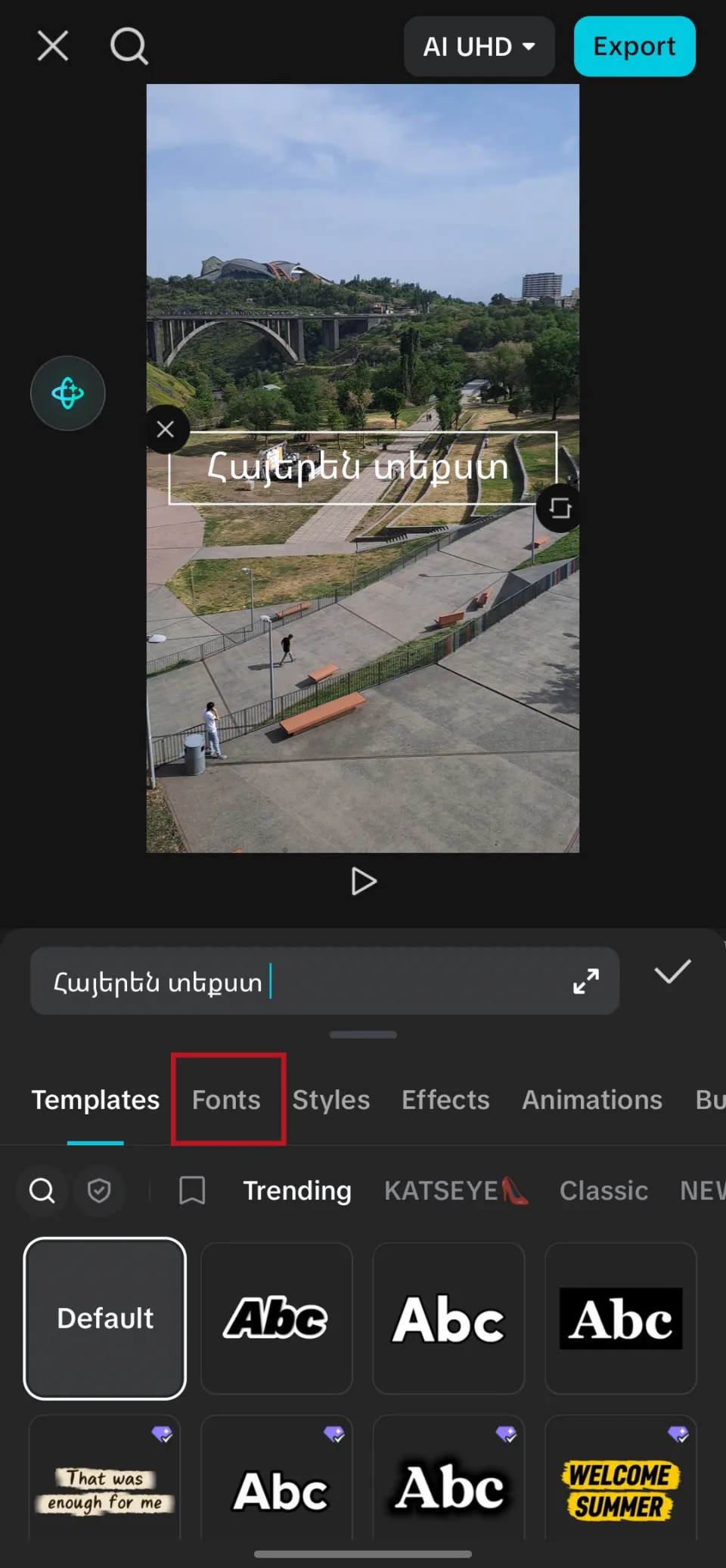 CapCut with a text layer selected and the Font tab open