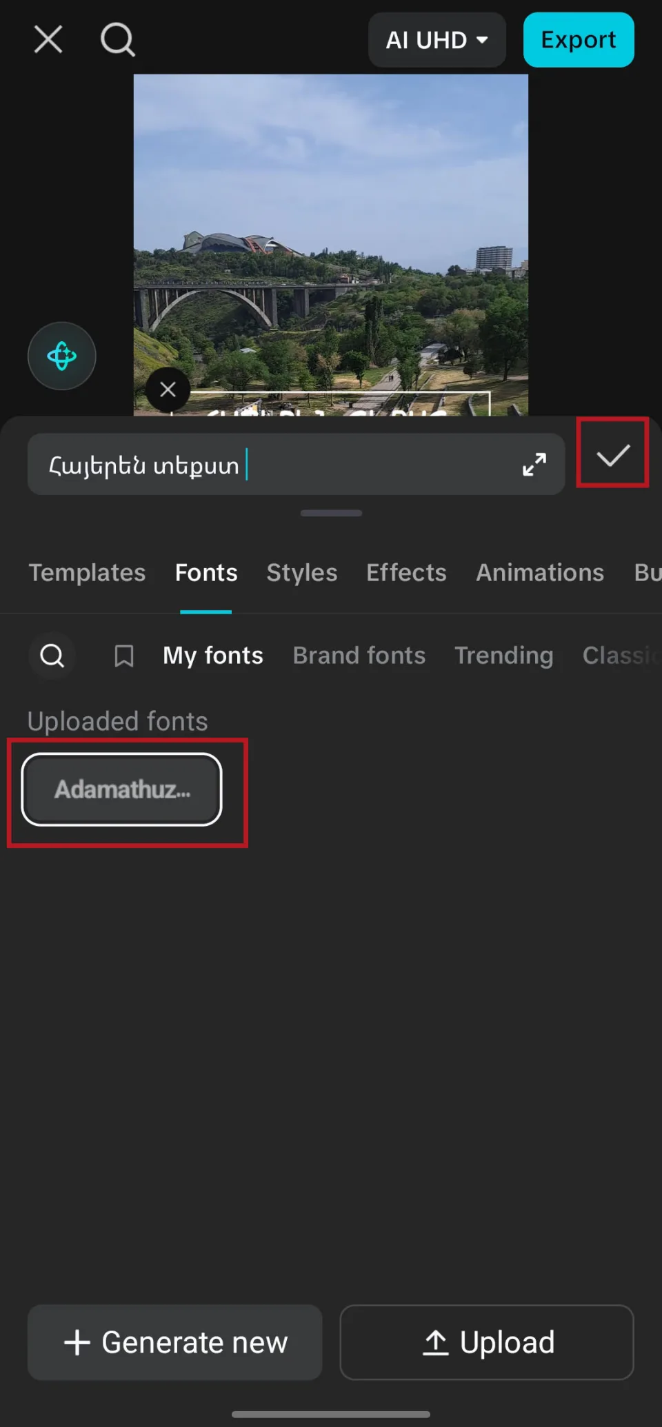 The imported Armenian font now listed under My fonts in CapCut