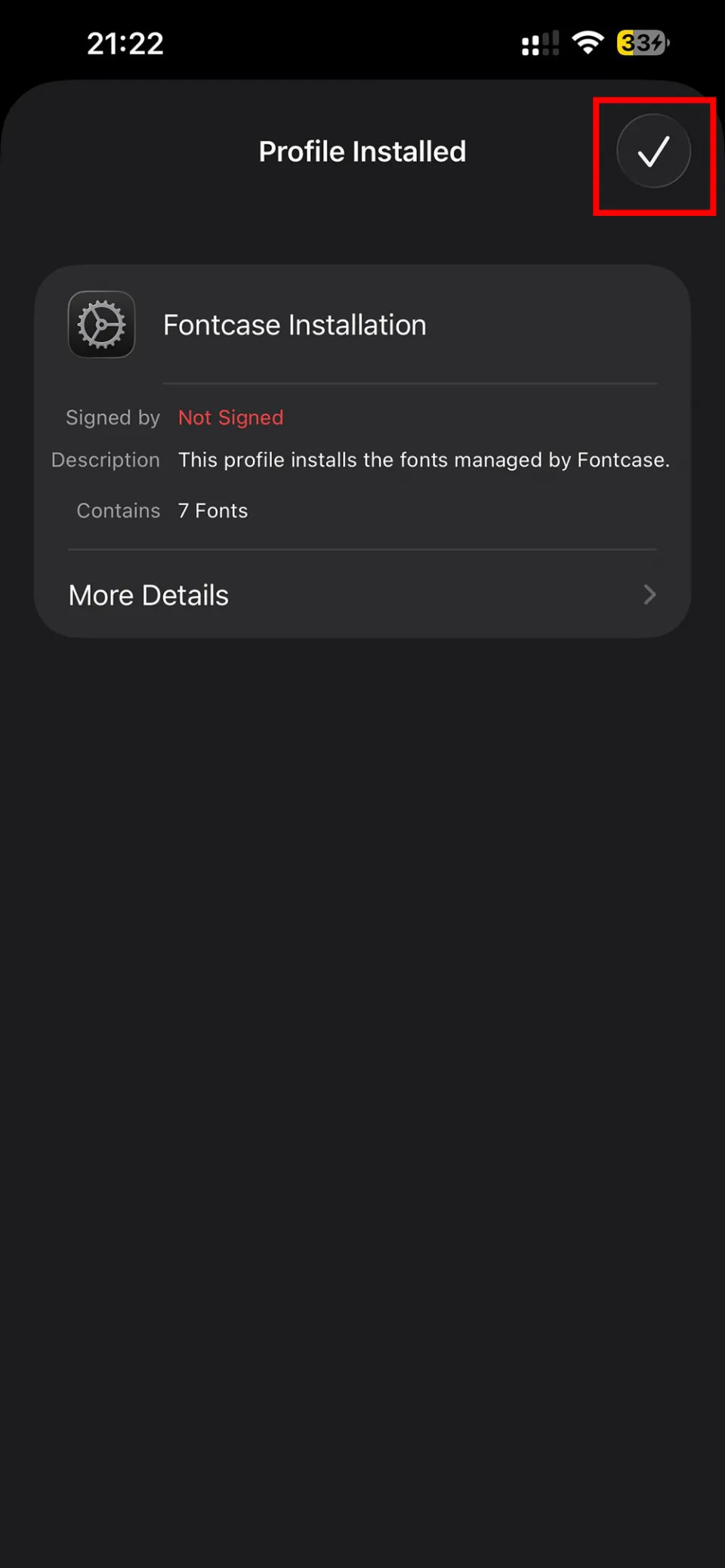 Profile Installed confirmation screen in iPhone Settings after successful font installation