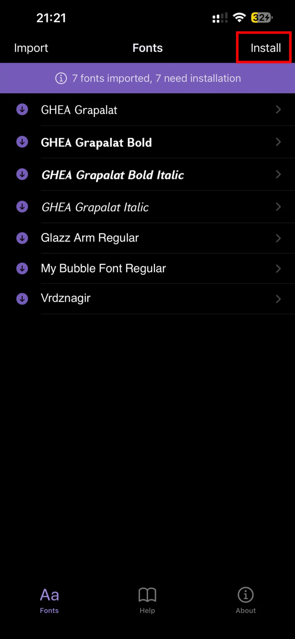 Fontcase app showing multiple imported fonts with Install button highlighted on iPhone