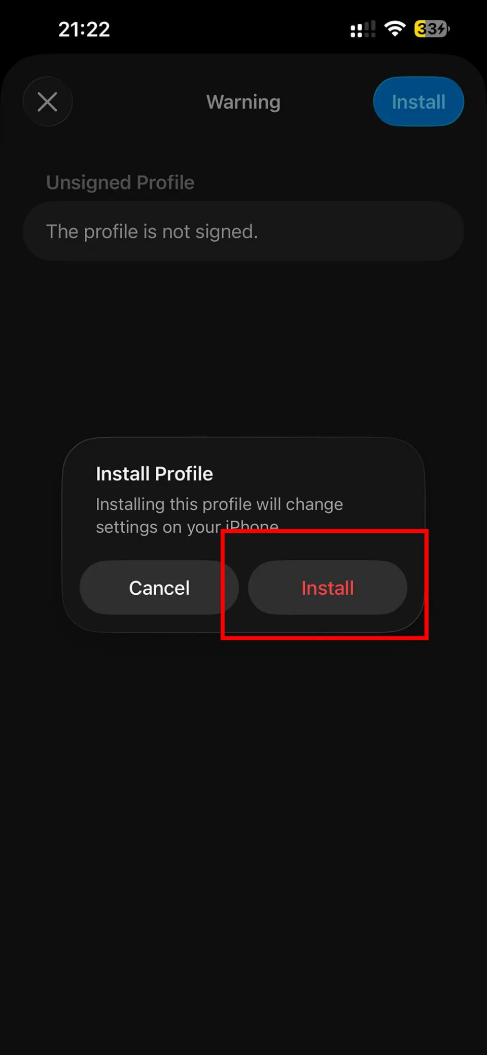 iPhone confirmation popup to install profile with Install button highlighted