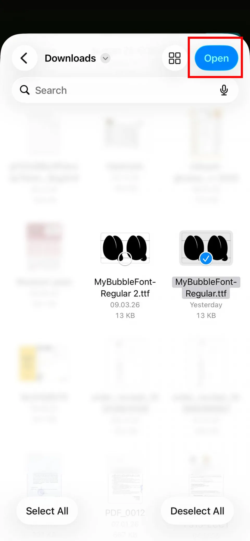 iPhone file picker selecting a TTF font file for CapCut import