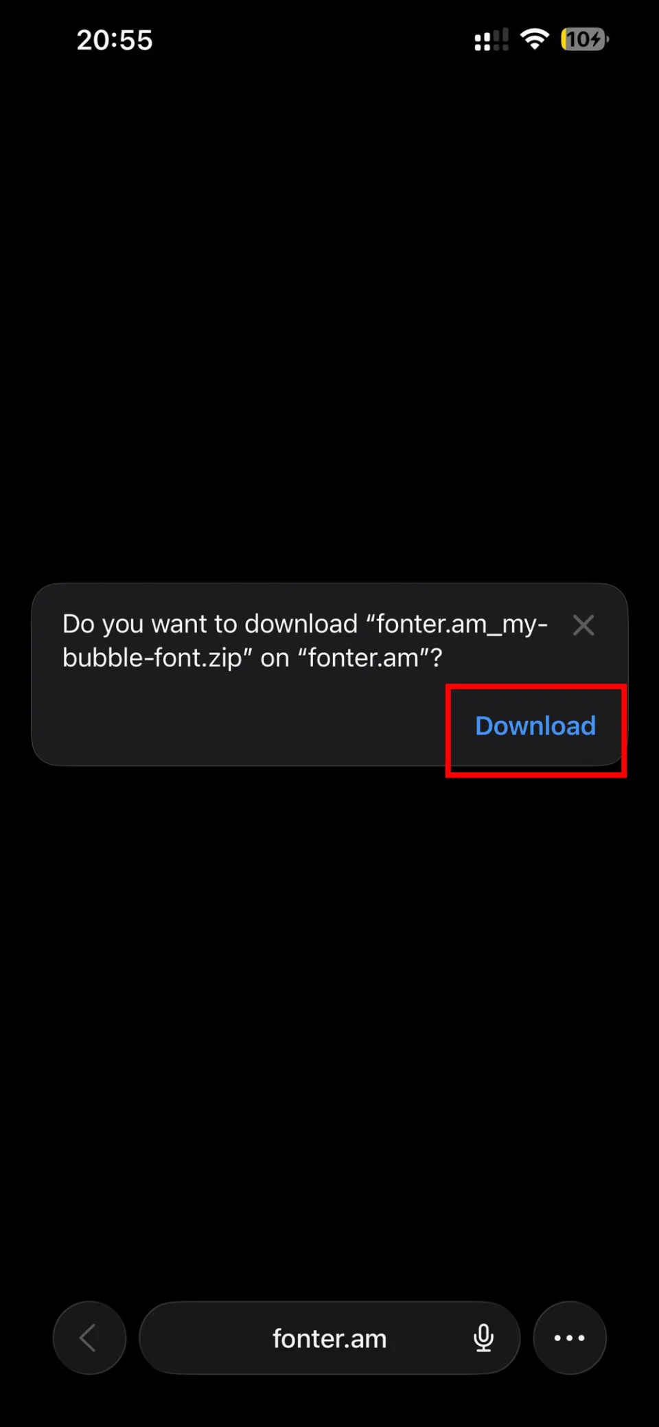 Safari download confirmation popup for fonter.am ZIP font file on iPhone