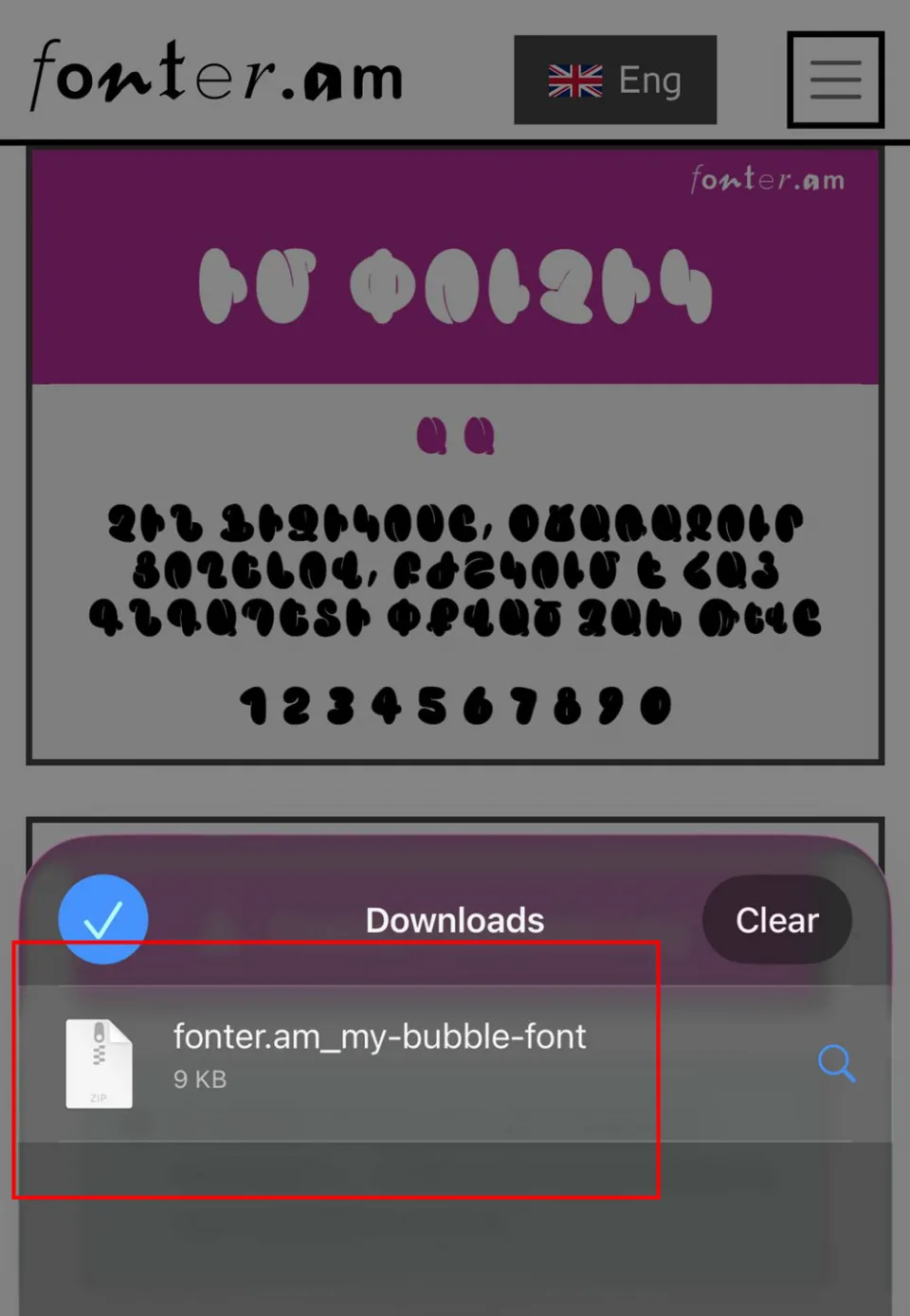 Downloaded ZIP font file shown in Safari Downloads list on iPhone