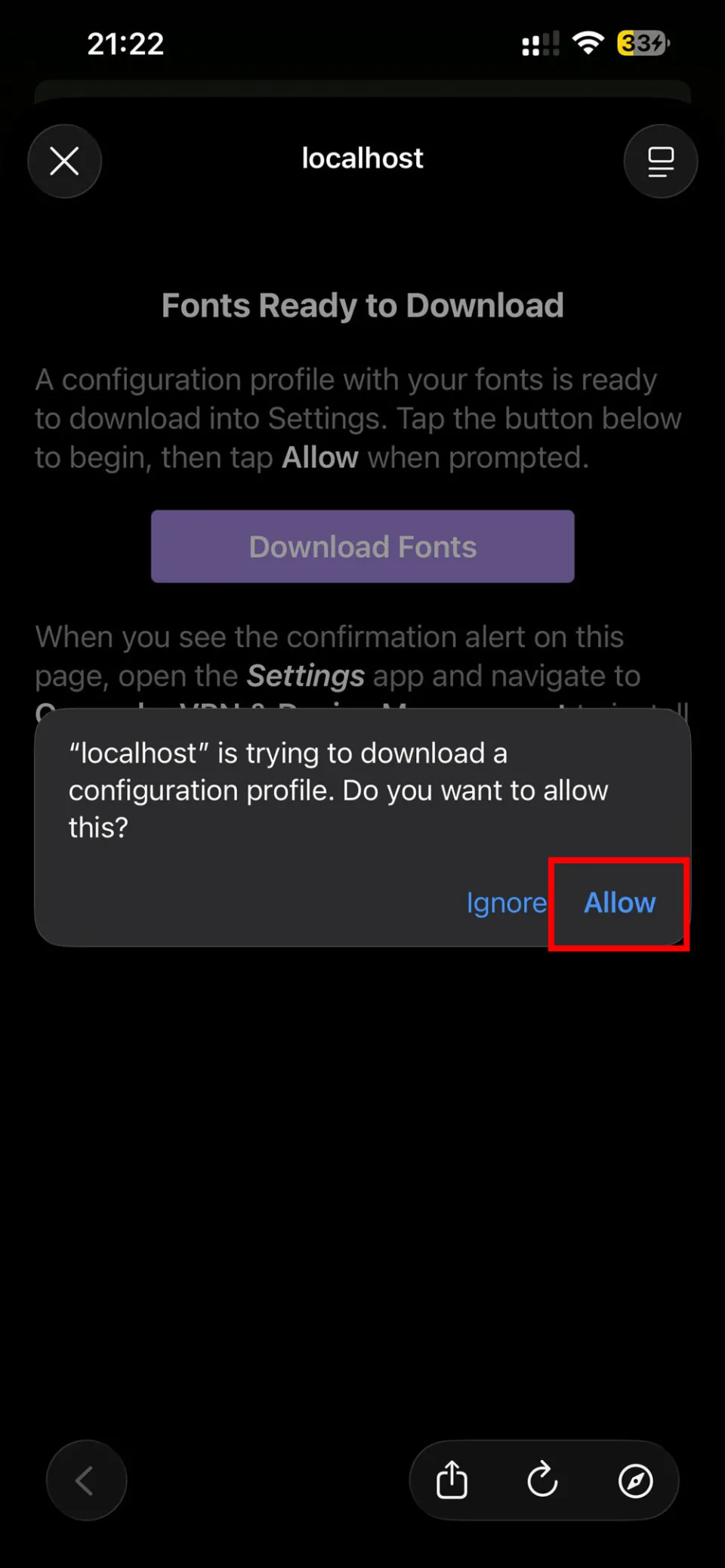iPhone popup asking to allow configuration profile download
