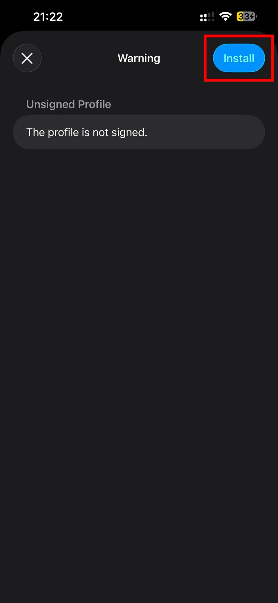 Warning screen about unsigned profile with Install button highlighted on iPhone
