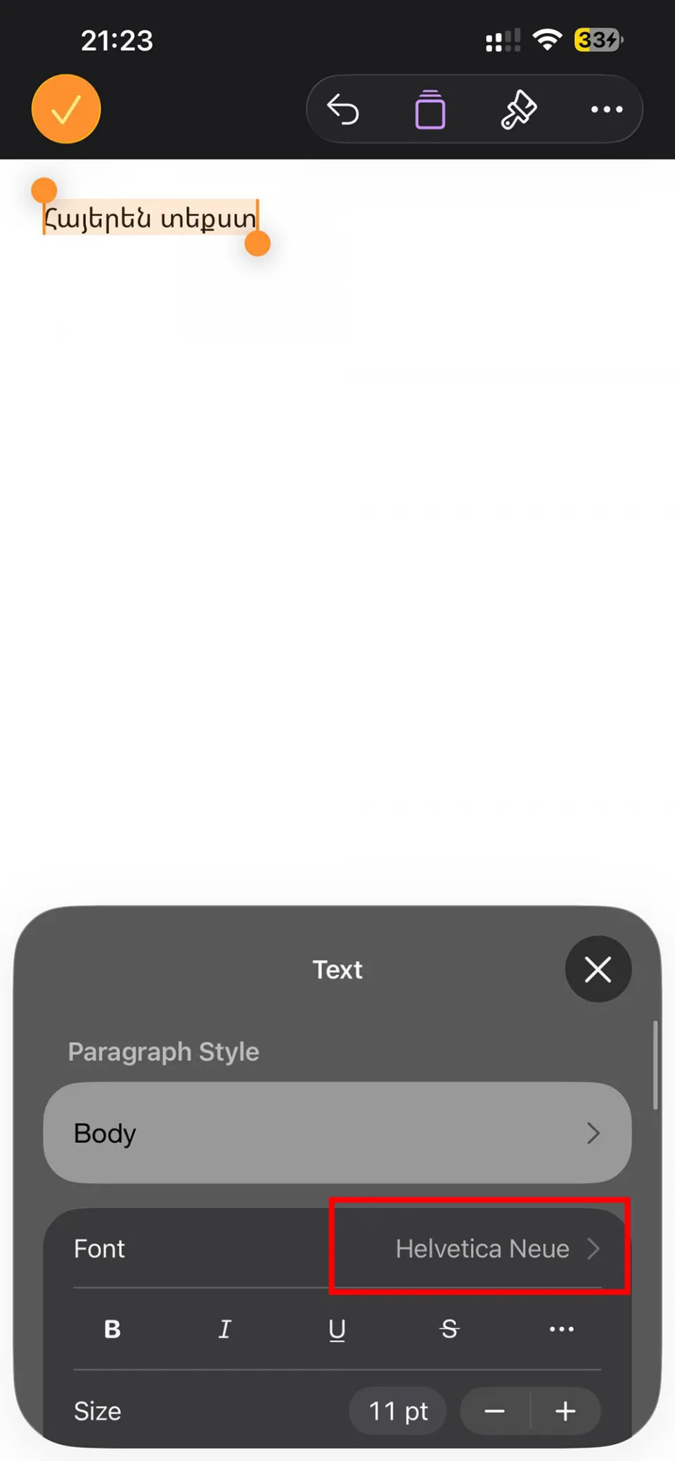 Pages app formatting panel with Font option highlighted on iPhone