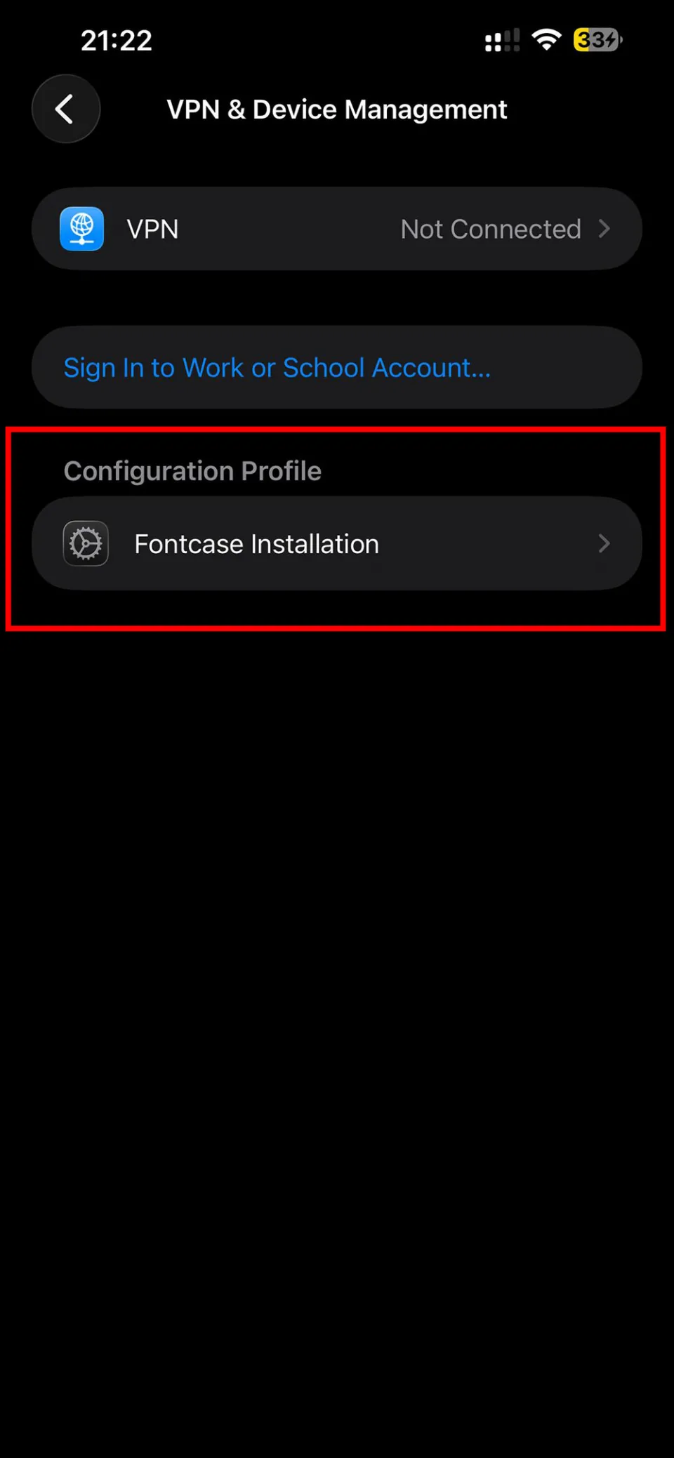 iPhone Settings showing VPN & Device Management with Fontcase Installation profile visible
