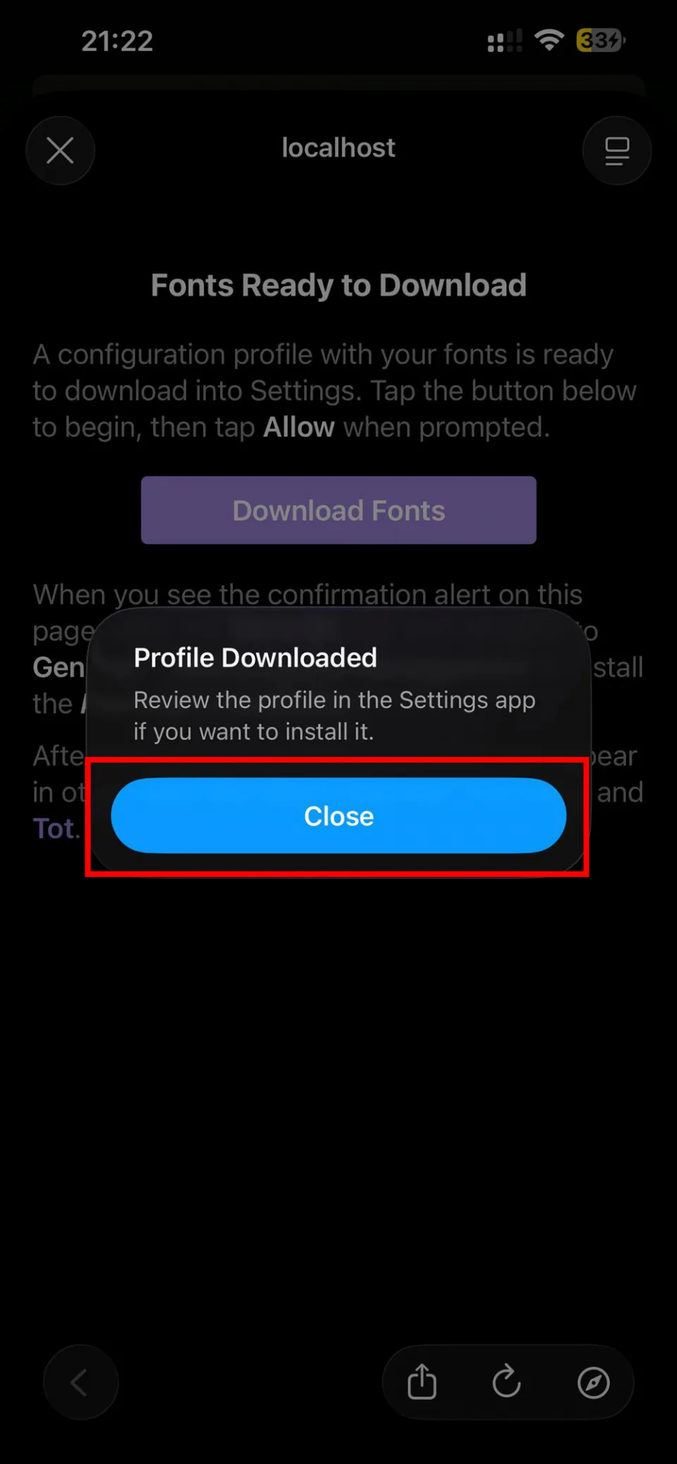 Profile downloaded confirmation popup on iPhone with Close button