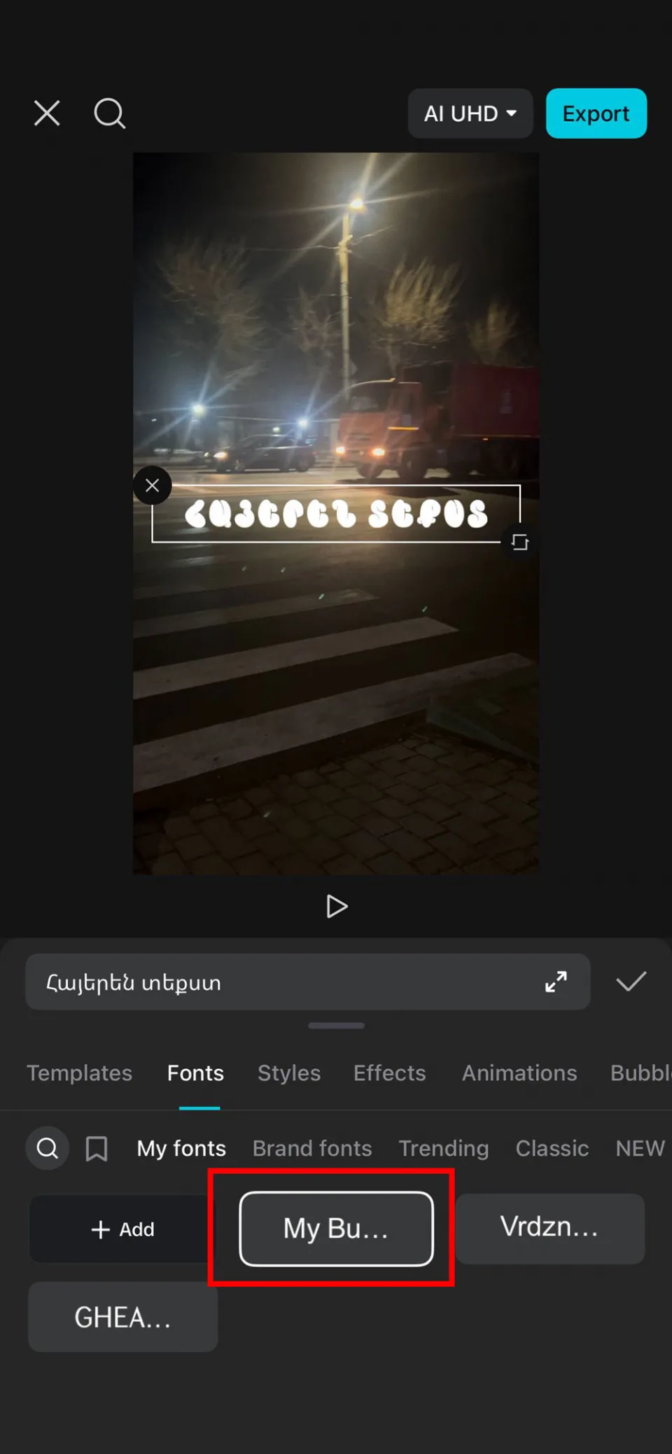 CapCut showing imported Armenian font selected and applied to text