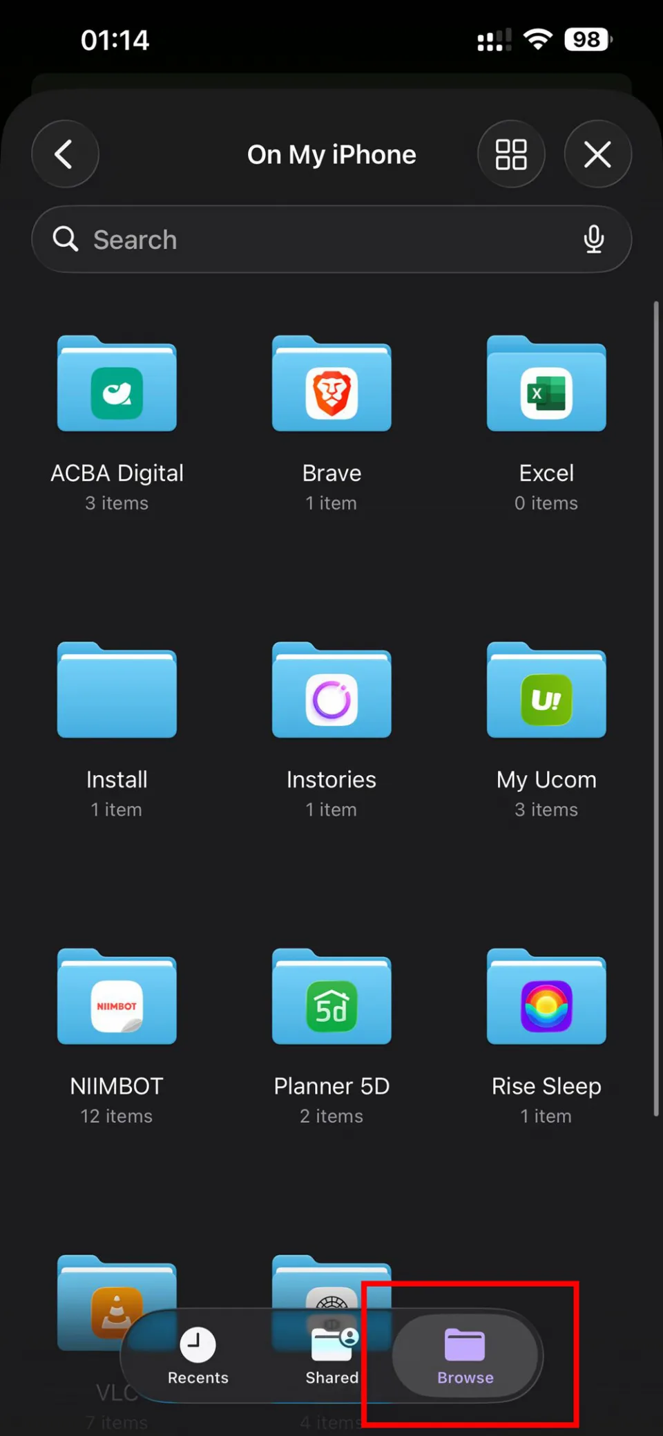 File picker on iPhone showing Browse option highlighted in bottom menu