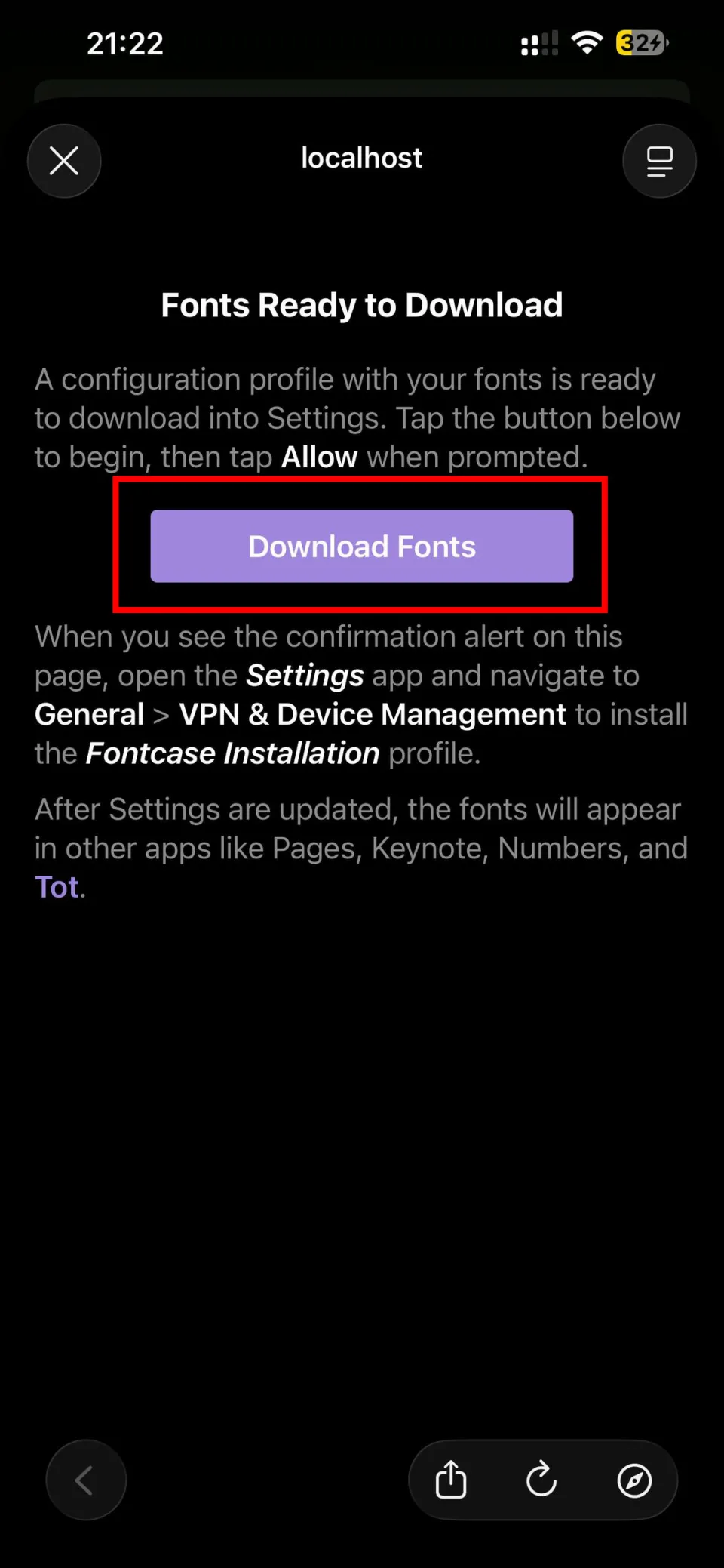 Fontcase screen showing Download Fonts button to generate configuration profile on iPhone