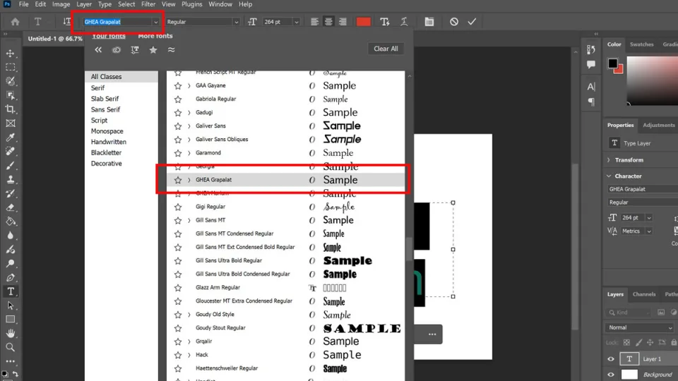 Հայերեն տեքստի գրում Adobe Photoshop-ում տեղադրված տառատեսակով
