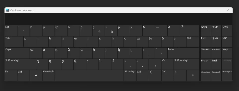 The Armenian Phonetic Eastern Unicode layout shown in the Windows on-screen keyboard
