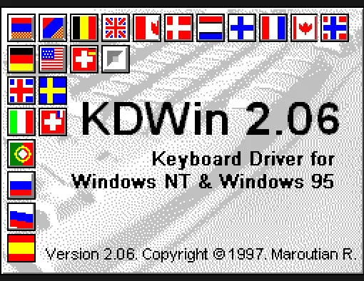The KDWin 2.06 splash screen from 1997, reading Keyboard Driver for Windows NT & Windows 95, with a column of country flags down the left and the line Copyright 1997 Maroutian R.